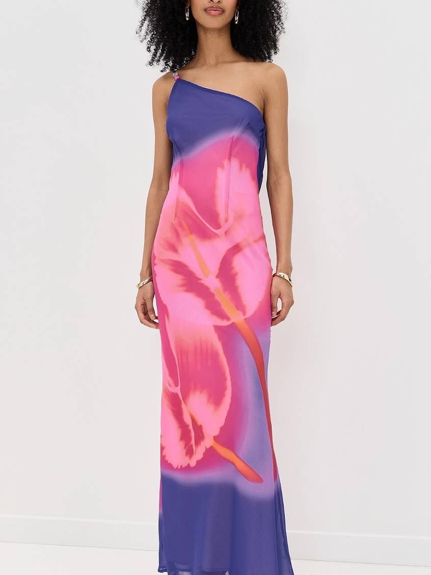 Runaway Sondray One-Shoulder Pink And Purple Floral Slip Dress, Size L